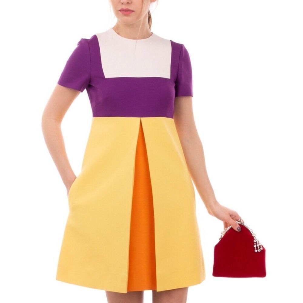 $2500 VALENTINO Silk & Wool Mini Trapeze Dress Size 40 / S Color Block